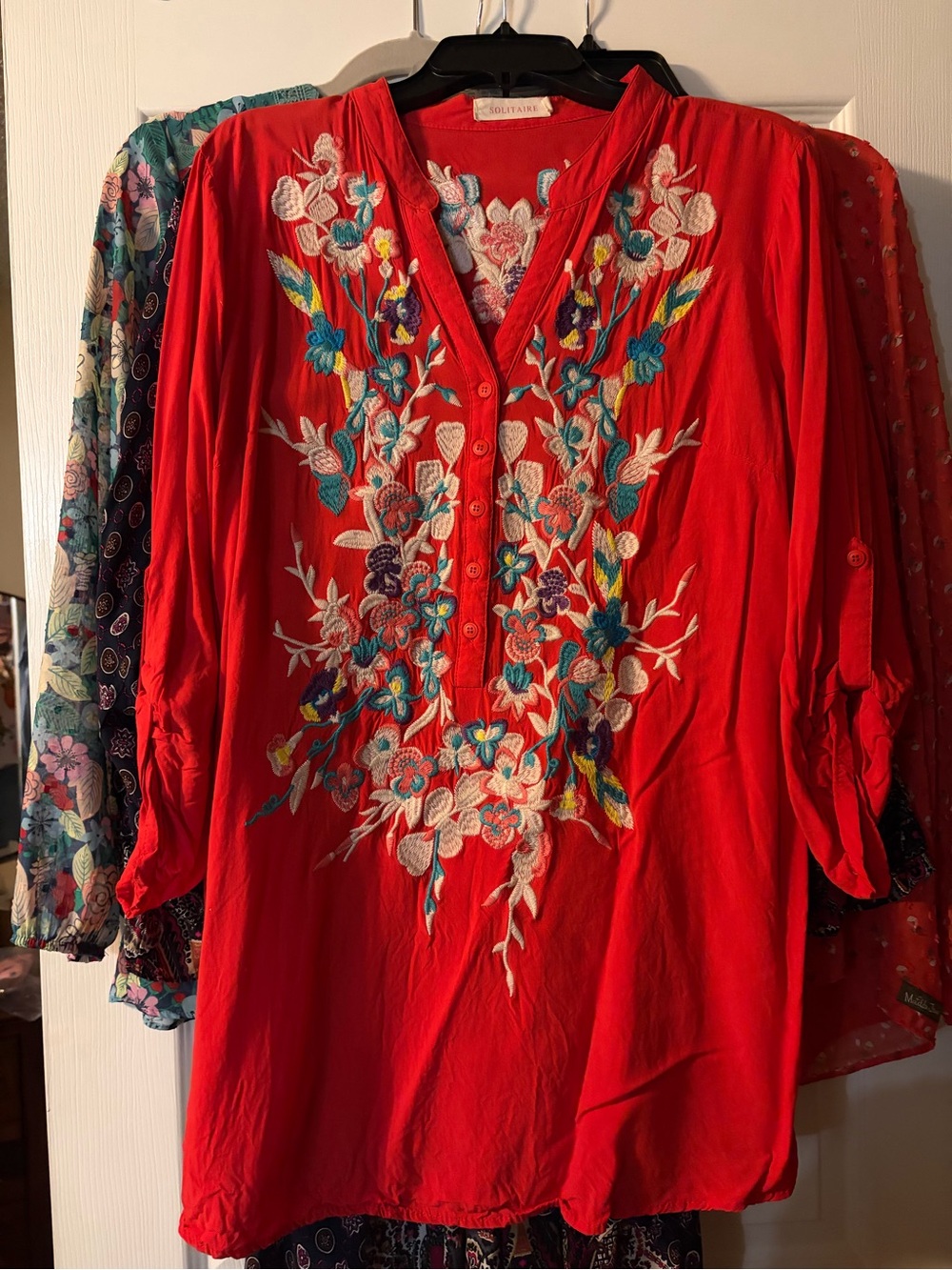 Solitaire Navy and pink Floral Embroidered V-Neck Tunics - Picture 2 of 3